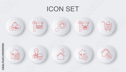 Set line House with percant, Rising cost of housing, Search house, dollar, Hanging sign For Rent, Sold, Realtor and heart shape icon. Vector