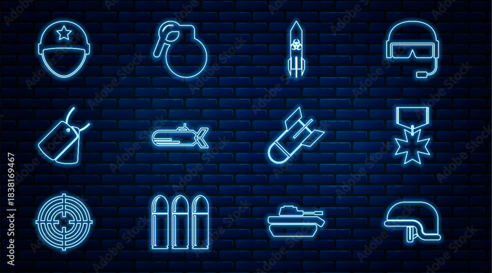 Naklejka premium Set line Military helmet, reward medal, Biohazard rocket, Submarine, dog tags, Aviation bomb and Hand grenade icon. Vector