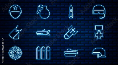 Set line Military helmet, reward medal, Biohazard rocket, Submarine, dog tags, Aviation bomb and Hand grenade icon. Vector