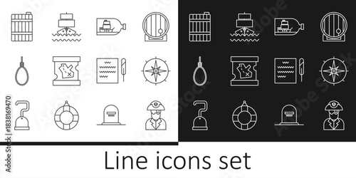 Set line Pirate captain, Wind rose, Bottle with ship inside, treasure map, Gallows rope loop hanging, Wooden barrel, Feather pen and scroll and Ship icon. Vector
