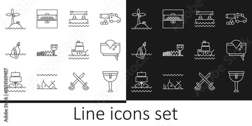 Set line Wooden pirate leg, Pirate hat, Boat with oars, Treasure and riches, Bottle message in water, Tropical island ocean, Ship and Antique treasure chest icon. Vector