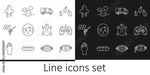 Set line Reddish eye allergic conjunctivitis, Lungs, Emergency car, Man with excessive sweating, Honeycomb honey dipper, Runny nose, Parasite mite and Dust icon. Vector