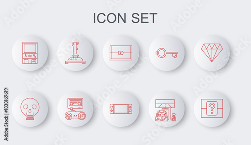 Set line Mystery or random box, Skull, Chest for game, Racing simulator cockpit, Retro arcade machine, Joystick, Game console with joystick and Portable video icon. Vector