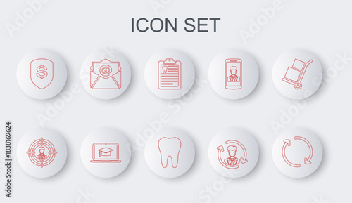 Set line Refresh, Head hunting, Clipboard with dental card, Human resources, Shield and dollar, Mail e-mail, Graduation cap on laptop and Tooth icon. Vector