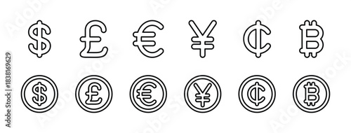 Currency thin line icon set. Bank coin exchange symbol collection. Money kind. Contains dollar, pound sterling, euro, yen, cent, bitcoin. Vector illustration