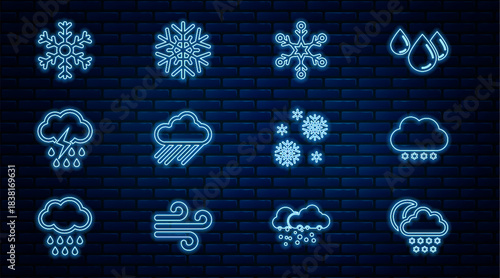 Set line Cloud with snow and moon, Snowflake, rain, lightning, and icon. Vector