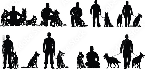 Police and Military Working Dog Silhouettes, K9 Unit Service Animals, Handlers Training German Shepherd and Malinois Breeds, Vector Illustration Content, Security Obedience
