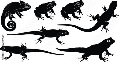 Reptiles and Amphibians Silhouette Vector Collection, Black Wildlife Fauna Set Including Chameleon, Frog, Gecko, and Lizard on White Background. (20 words)