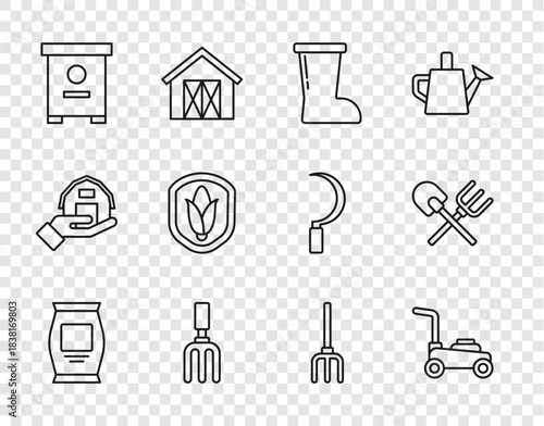 Set line Fertilizer bag, Lawn mower, Waterproof rubber boot, Garden rake, Hive for bees, Shield corn, pitchfork and Shovel and icon. Vector