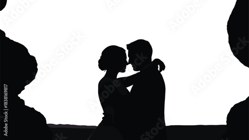 Romantic wedding couple silhouette embraces on beach at sunset, showing love, affection, and commitment; a beautiful vector illustration for 