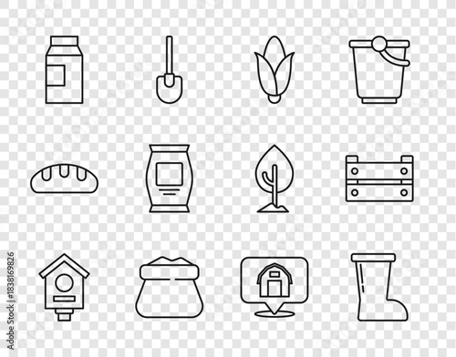 Set line Bird house, Waterproof rubber boot, Corn, Full sack, Paper package for milk, Fertilizer bag, Location farm and Wooden box icon. Vector