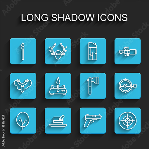 Set line Tree, Hunter hat with feather, Medieval spear, Pistol or gun, Target sport, Camping gas stove, Trap hunting and Wooden axe icon. Vector