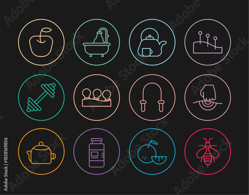 Set line Bee, Massage, Teapot with cup, Vacuum cans, Dumbbell, Apple, Jump rope and Bathtub icon. Vector
