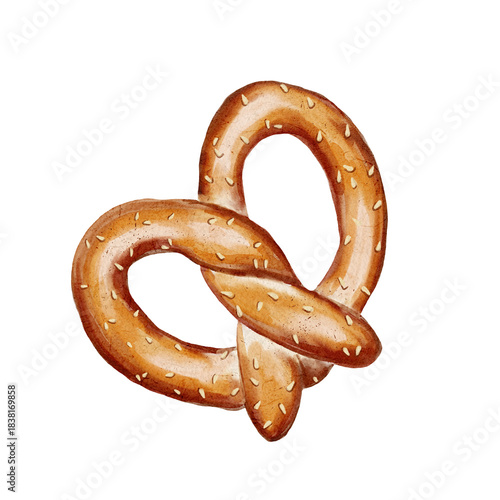 Watercolor illustration of classic salted soft pretzel twist