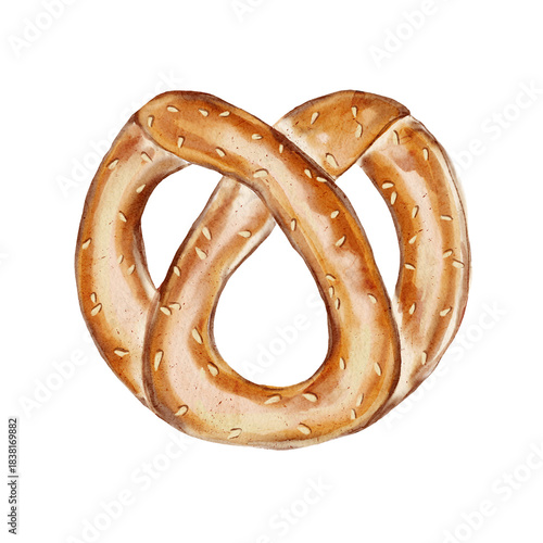 Watercolor illustration of whole salted soft pretzel