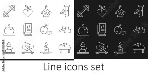 Set line Acupuncture therapy, Oil bottle, Medical book, Aroma candle, Dumbbell, Citrus fruit and Heart icon. Vector