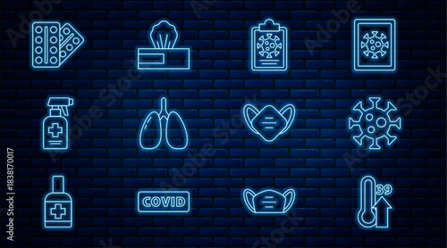 Set line High human body temperature, Virus, Clipboard with blood test results, Lungs, Liquid antibacterial soap, Pills in blister pack, Medical protective mask and Wet wipe icon. Vector