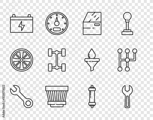 Set line Wrench spanner, Car door, air filter, battery, Chassis car, Shock absorber and Gear shifter icon. Vector