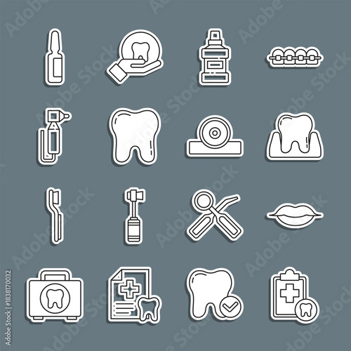 Set line Dental card, Smiling lips, Tooth, Mouthwash bottle, drill, Painkiller tablet and Otolaryngological head reflector icon. Vector