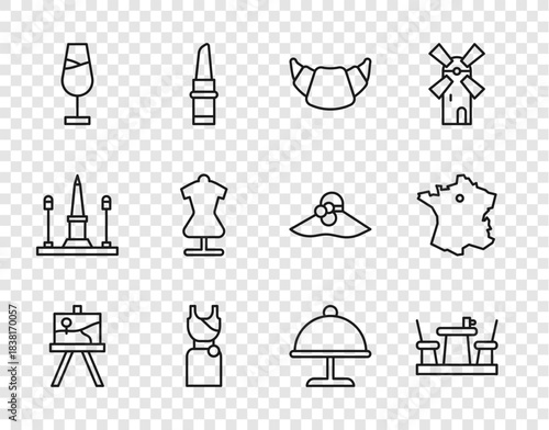 Set line Easel or painting art boards, French cafe, Croissant, Woman dress, Wine glass, Mannequin, Covered with tray and Map of France icon. Vector
