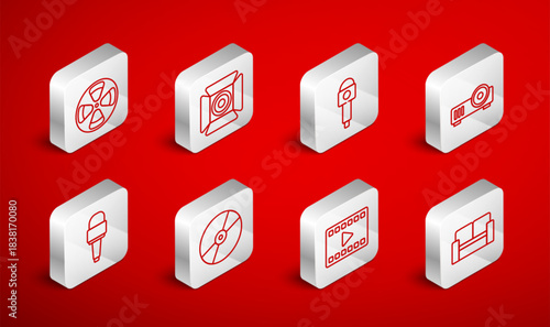 Set line Cinema chair, Movie spotlight, Microphone, Media projector, Play Video, Film reel, CD DVD disk and icon. Vector