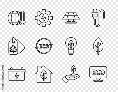 Set line Car battery, Label for eco healthy food, Solar energy panel, Eco friendly house, Global warming, Plant hand and Tree icon. Vector