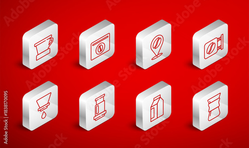 Set line Pour over coffee maker, Bag beans, Location with, Street signboard, V60, Aeropress and icon. Vector