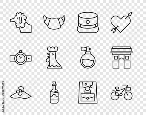 Set line Elegant women hat, Bicycle, Kepi, Bottles of wine, Poodle dog, French rooster, Handbag and Triumphal Arch icon. Vector