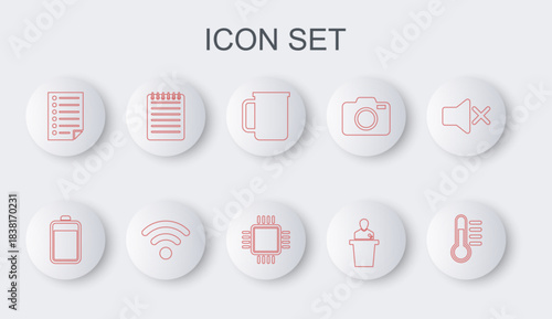 Set line Thermometer, Battery, Coffee cup, Speaker, Document, Notebook, Wi-Fi wireless network and Processor with CPU icon. Vector