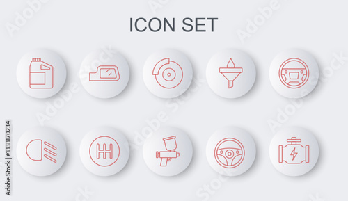 Set line Check engine, High beam, Car brake disk with caliper, Steering wheel, Canister for motor oil, mirror, Gear shifter and Paint spray gun icon. Vector