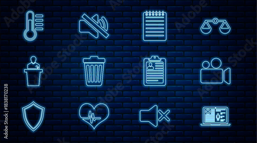Set line Medical clinical record, Movie Video camera, Notebook, Trash can, Speaker, Thermometer, Clipboard with resume and mute icon. Vector