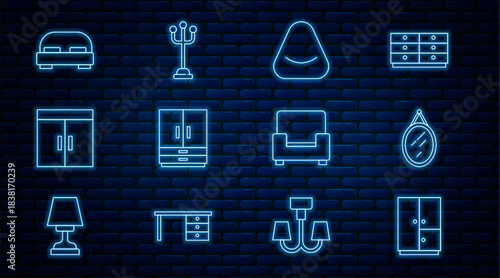 Set line Wardrobe, Mirror, Pouf, Big bed, Armchair and Coat stand icon. Vector