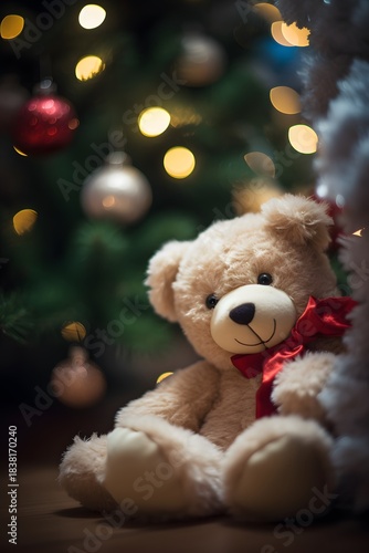 Holiday Toy Still Life: Teddy Bear Under Christmas Tree with Warm Seasonal Ambience teddy bear on christmas tree