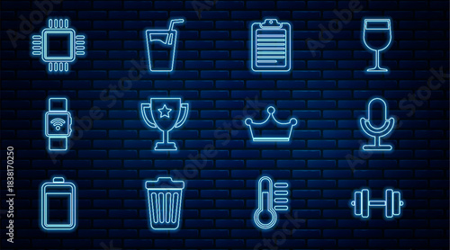 Set line Dumbbell, Microphone, Clipboard with document, Trophy cup, Smartwatch wireless, Processor CPU, Crown and Glass water icon. Vector
