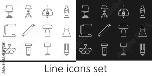 Set line LED light bulb, Lamp hanging, Chandelier, Fluorescent lamp, Table, and Floor icon. Vector