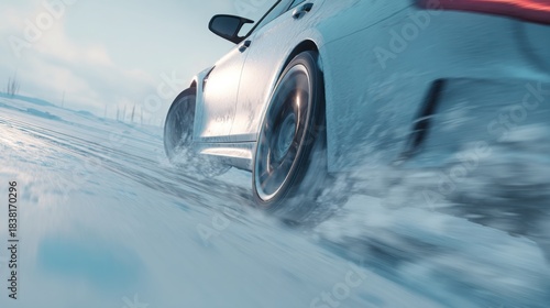 abrupt braking on icy road, ABS pulsing, car sliding slightly sideways, snow flying, cold winter environment, clean minimalistic style, soft