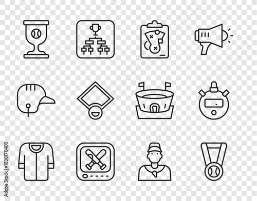 Set line Baseball t-shirt, Medal with baseball, Planning strategy, Monitor game, Award cup, field, coach and Stopwatch icon. Vector