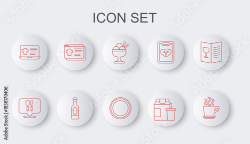 Set line Coffee cup, Cafe and restaurant location, Ice cream in bowl, Online ordering delivery, Wine bottle and Plate icon. Vector