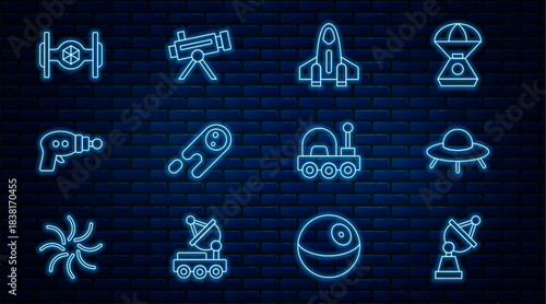 Set line Satellite dish, UFO flying spaceship, Rocket, Comet falling down fast, Ray gun, Cosmic, Mars rover and Telescope icon. Vector