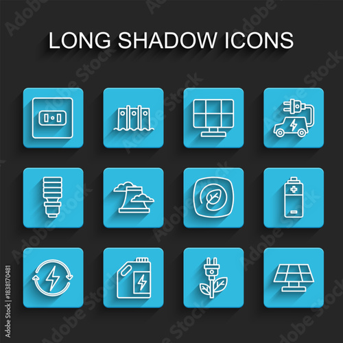 Set line Recharging, Eco fuel canister, Electrical outlet, saving plug leaf, Solar energy panel, Nuclear power plant, Battery and Location with icon. Vector