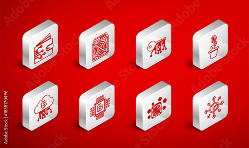 Set line Distribution, ASIC Miner, Cryptocurrency key, Bitcoin plant the pot, wallet, CPU mining farm and cloud icon. Vector