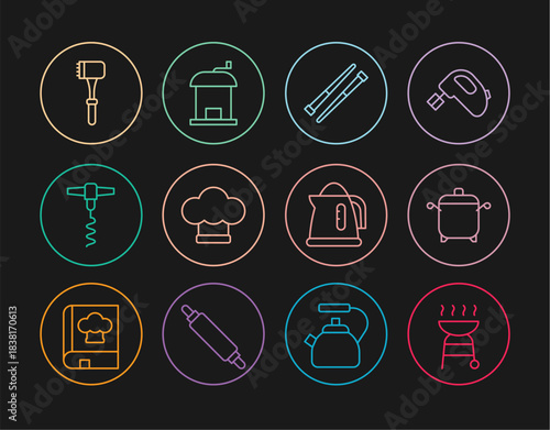 Set line Barbecue grill, Cooking pot, Food chopsticks, Chef hat, Wine corkscrew, Kitchen hammer, Electric kettle and Manual coffee grinder icon. Vector