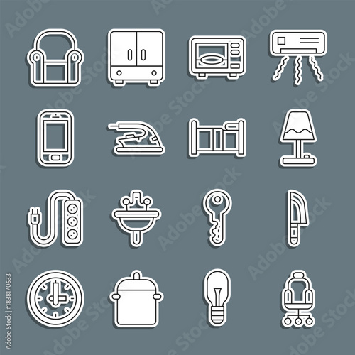 Set line Office chair, Knife, Table lamp, Microwave oven, Electric iron, Mobile phone, Armchair and Bed icon. Vector