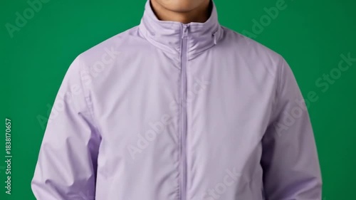 Person Wearing a Lavender Track Jacket on a Green Background.