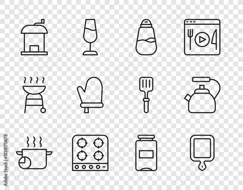Set line Cooking pot, Cutting board, Salt, Gas stove, Manual coffee grinder, Oven glove, Jam jar and Kettle with handle icon. Vector