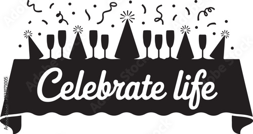 Black and white celebration table with party hats and champagne glasses