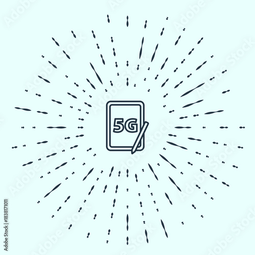 Black line Graphic tablet with 5G wireless internet wifi icon isolated on grey background. Global network high speed connection data rate technology. Abstract circle random dots. Vector