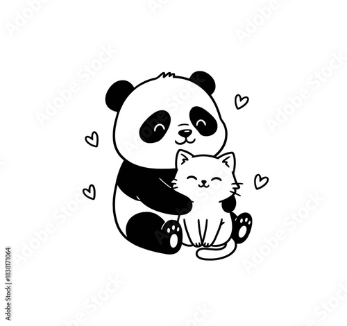A cute baby panda bear and kitten cartoon vector illustration with a fun smile and bamboo in a Chinese wildlife zoo design