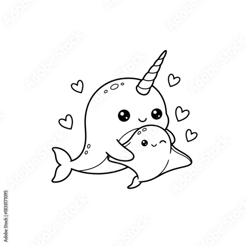 Cute blue whale and stingray animal cartoon illustration vector with a funny smile in the ocean water