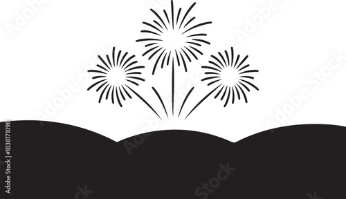 Black and white fireworks over rolling hills celebration